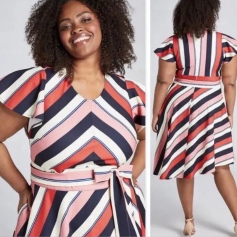 NWT Sz 28 Lane Bryant Colorful Striped Short Sleeve Belted Asymmetric Midi Dress